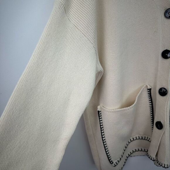 Zara Women’s Cream Black Contrasting Topstitch Oversized Pocket Cardigan Sweater - Picture 13 of 16